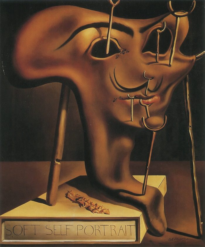 Soft self portrait with fried bacon by Salvador Dali.