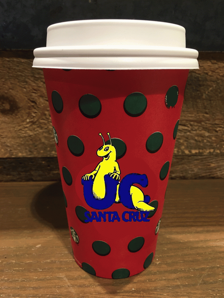 Starbucks cup with a banana slug logo.