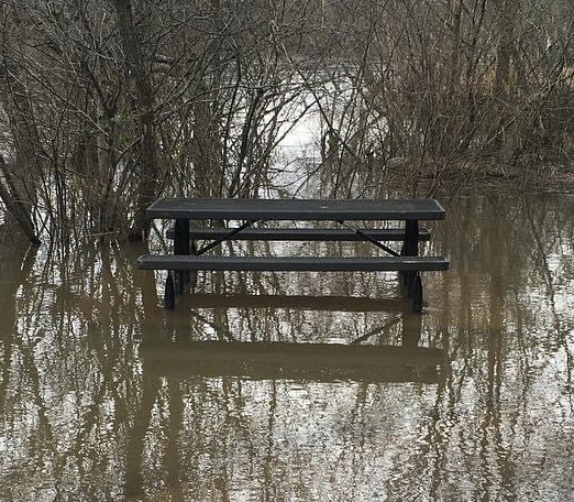 Picnic table in flooded area.